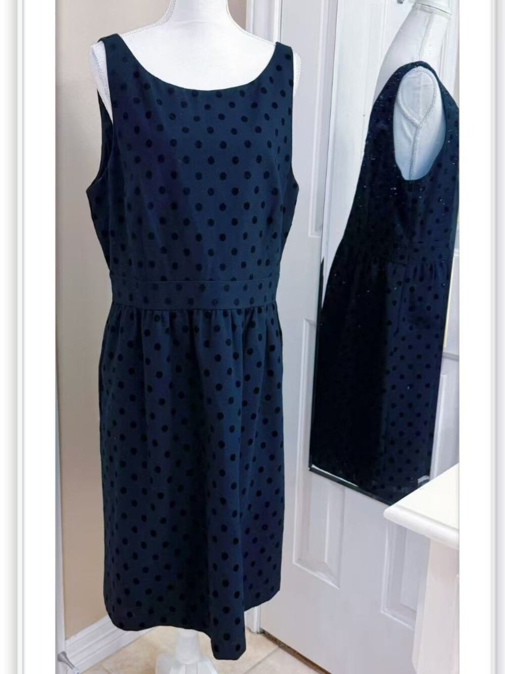 Loft subtle velvet polka dot pattern fitted waist black dress size 16